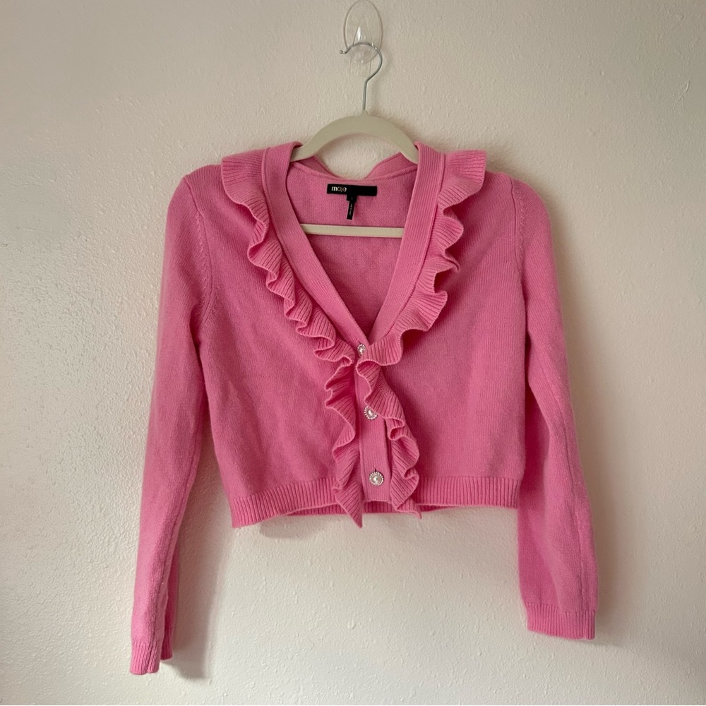 Maje Ruffled Wool-Blend Pink Cardigan - Picture 7 of 10
